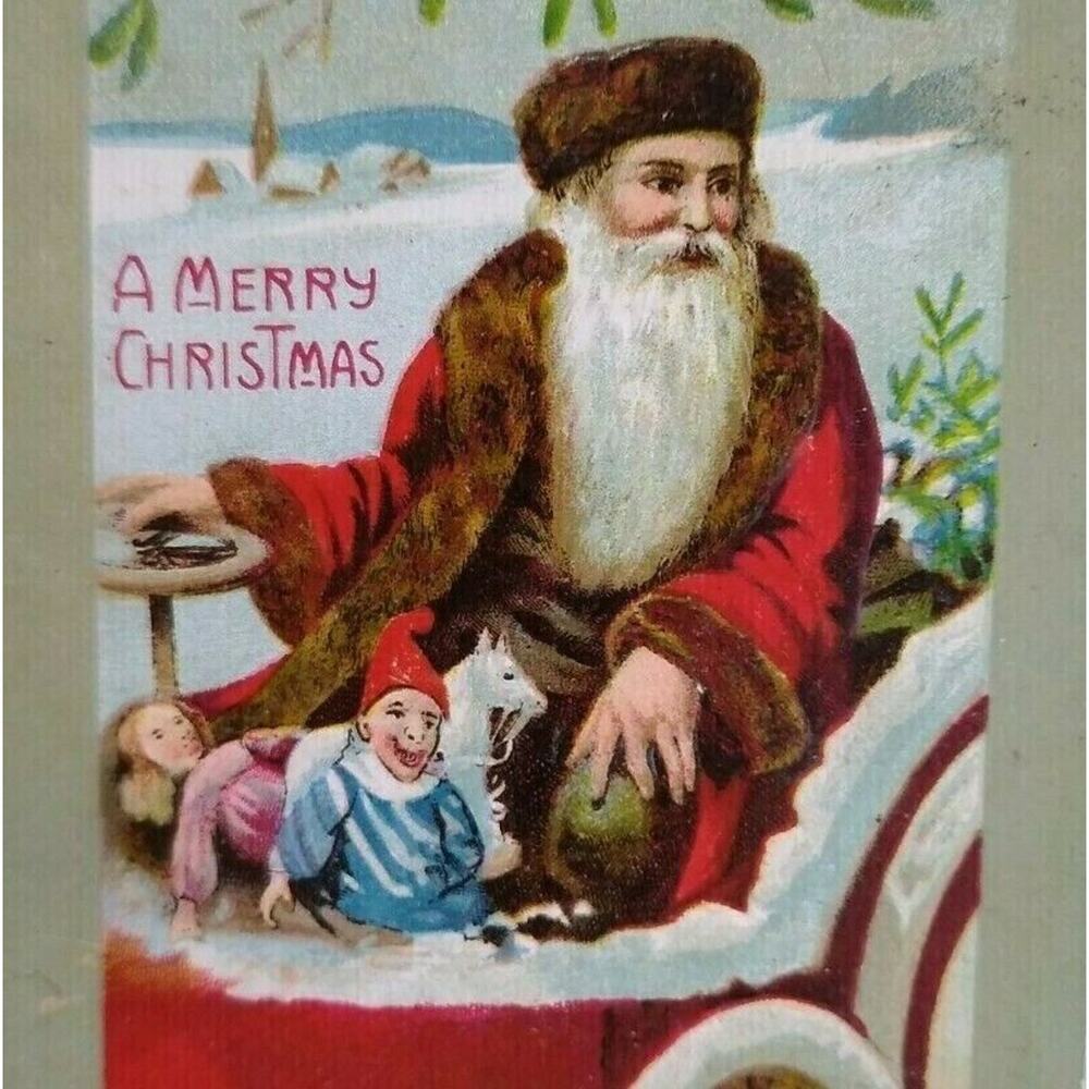 Santa Claus Brown Hat Christmas Postcard Driving Auto Jester Toy Vintage Germany